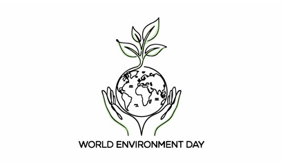 Fototapeta premium Minimal continuous line drawing World Environment Day banner with eco earth and plant illustration