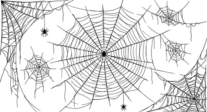 Set of detailed hand drawn spider webs and spiders isolated on white background for spooky halloween holiday decoration