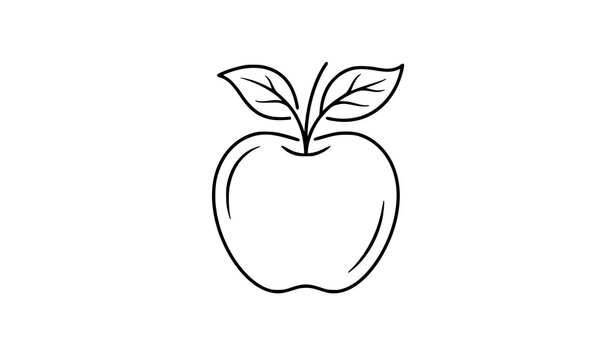 Minimal apple outline vector illustration with leaves isolated on white background