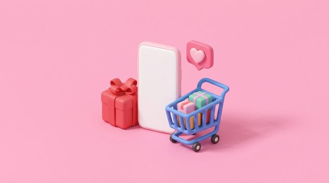 (파스텔 핑크 여백과 정중앙에 배치된 커다란 3D 아이소메트릭 온라인 쇼핑 미니어처들)