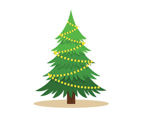 Decorated evergreen coniferous pine tree with festive yellow garland lights for winter holiday season celebrations in flat simple cartoon vector illustration. © shamim