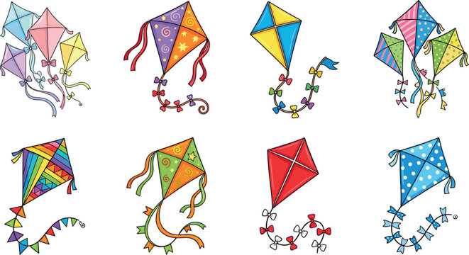 Decorative Colorful Kite Vector Set with Traditional Flying Kites, Ribbon Tails, Festival Elements, and Creative Outdoor Activity Illustrations