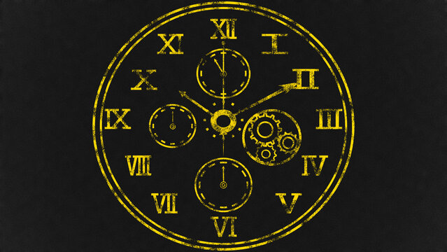 金色のスチームパンク魔法時計イラスト（黒背景・ファンタジー・歯車・高級感）：Golden steampunk magic clock illustration on black background. Luxury fantasy timepiece with gears.