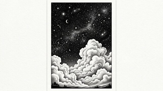 Title: Black and White Night Cloudscape with Starry Sky and Milky Way Above Fluffy Clouds

