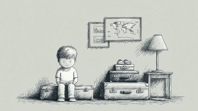 Child Unpacking Suitcases in Bedroom Filled with Maps Foreign Souvenirs and School Uniforms from Different Countries Third-Culture Identity Struggles Unstable Belonging Ink Illustration

