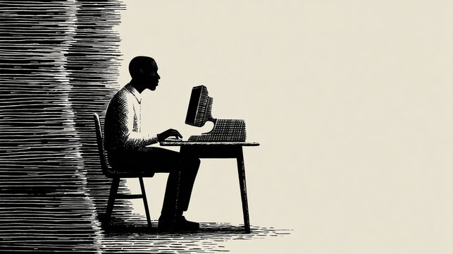 Person Sitting in Public Library Trying to Access Housing Records on Outdated Computer Holding Worn Identification Papers Digital Homelessness Exclusion from Modern Systems Ink Illustration


