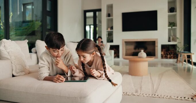 Happy, siblings and children on sofa with tablet for online games, internet and playing together. Family, home and boy with girl on digital tech for entertainment, videos and bonding on weekend