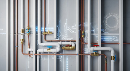 Obraz premium Intricate Plumbing System with Pipes and Valves in a Modern Building.