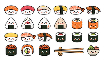 Minimal sushi and onigiri character set Japanese food vector illustration isolated white background © MDSAKIB