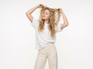 Fototapeta premium Young woman wearing blank white oversized t-shirt for apparel mockup