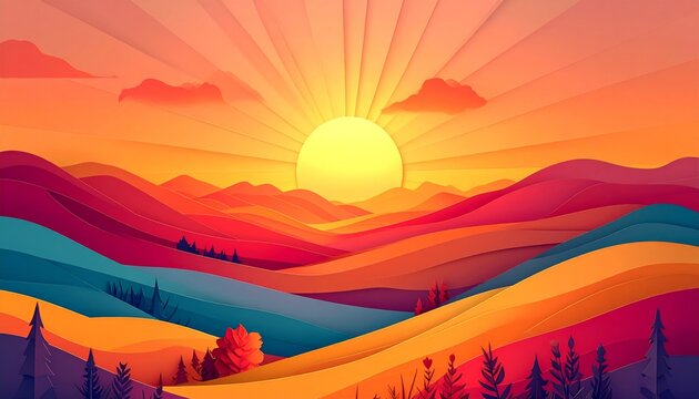 A breathtaking summer nature landscape captures a vibrant orange and yellow sunset over the majestic mountains with glowing sunlight reflecting across a peaceful, cloudless sky