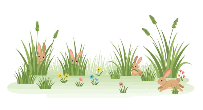Cute bunnies hiding and running in tall grass with small flowers