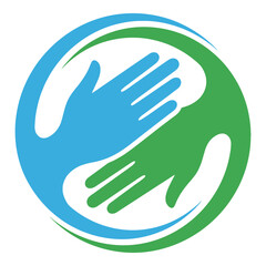 Obraz premium Abstract blue and green hands embracing in a circular wave design symbolizing connection and unity icon