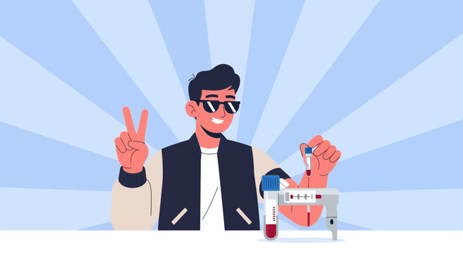 Victory sign with medical test kit and blood samples