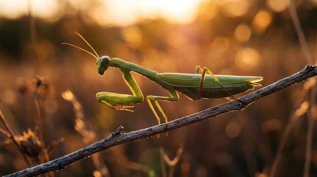 Green praying mantis perched on dry branch at golden hour sunset