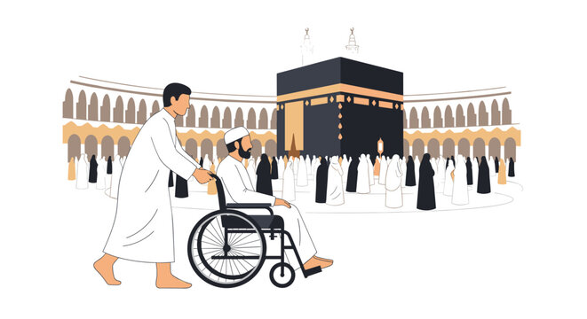 Man in white attire pushing a person in a wheelchair towards the Kaaba during Hajj pilgrimage in Mecca with crowd in background