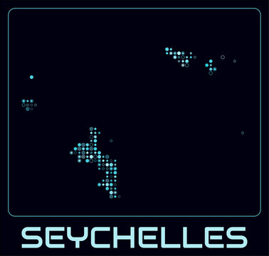 Seychelles digital style map. Small circle dots on dark background. Dotted shape of the island. Seychelles map and title. Modern vector illustration.