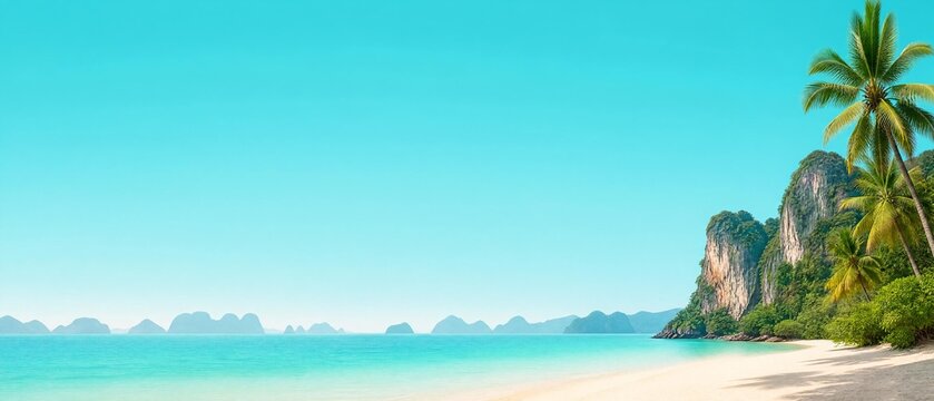 Tropical beachscape with palm trees on white sand