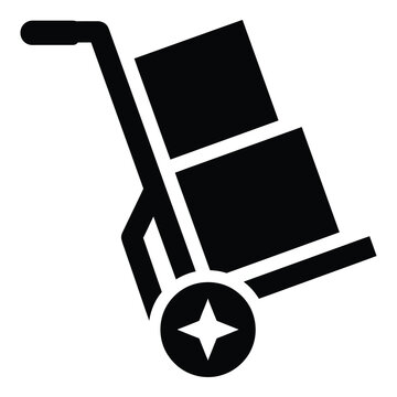 Black silhouette of a hand truck carrying two stacked boxes on a white background icon