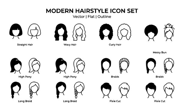 Modern Hairstyle Icons with Flat Filled and Outline Line Variations Vector Set for Salon and Haircare UI Design