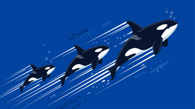 Three killer whales of varying sizes swimming in a deep blue ocean, depicted in a stylized illustration with motion lines and bubbles.