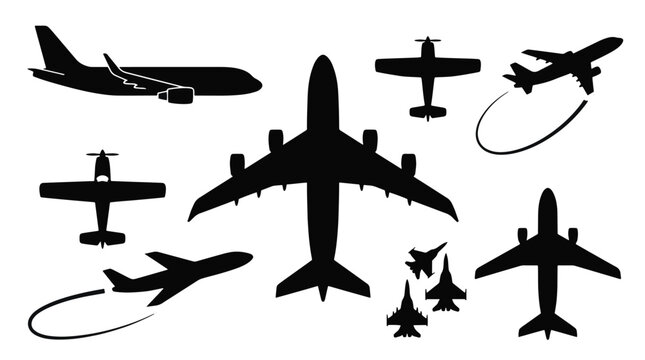 Airplane Silhouette Vector Set with Commercial Jetliners and Military Fighter Jets for Aviation Logo and Travel Graphics