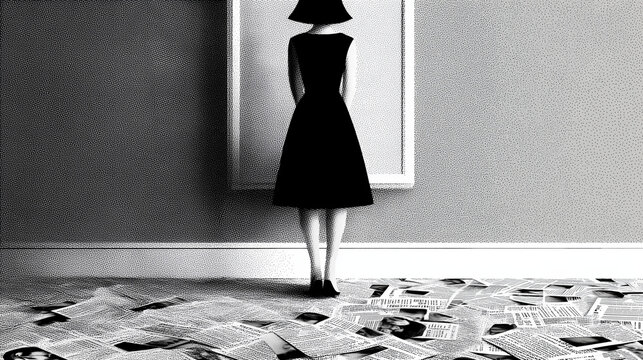 Woman Standing Silently Before Mirror as Beauty Magazine Pages Cover Floor Around Her Feet Appearance Pressure Self-Worth Struggles Ink Illustration

