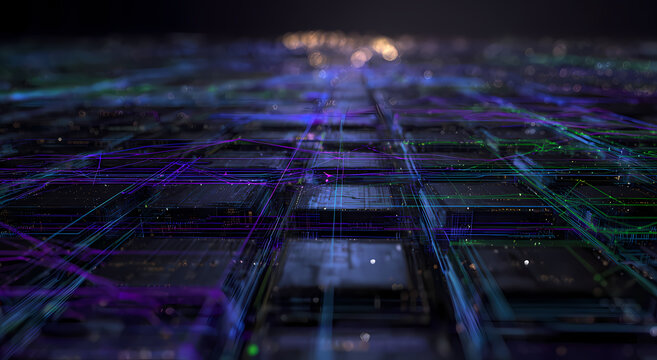 Gros plan d'un circuit imprim&eacute; futuriste lumineux, fond abstrait pour concepts technologiques, cybers&eacute;curit&eacute; et intelligence artificielle