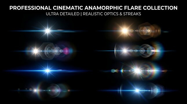 Collection of professional anamorphic lens flares and light streaks in vibrant colors, including blue, pink, and white, on a dark background for cinematic visual effects.
