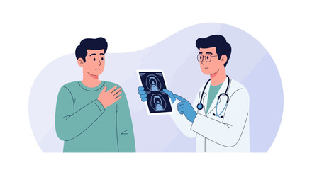 Fototapeta premium Doctor shows MRI scan to concerned patient in illustration