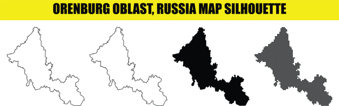 Orenburg oblast russia map silhouette collection featuring solid linear and dotted pattern variations in vector.