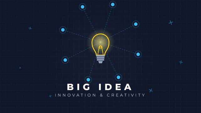 Bright glowing light bulb surrounded by a digital network of interconnected dots, symbolizing a big idea, innovation, and creativity emerging from a conceptual thought process