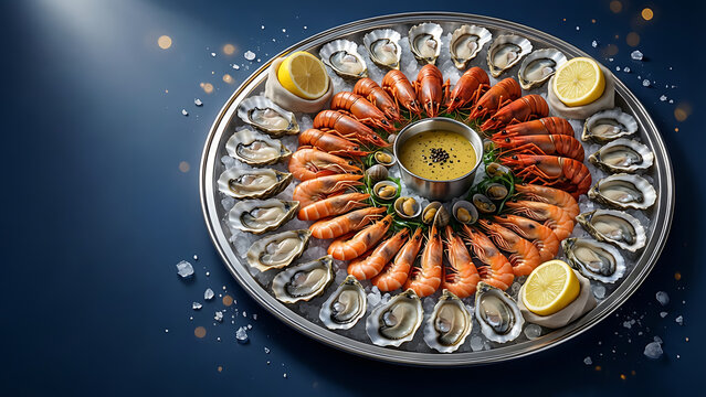 Plateau de fruits de mer luxueux : hu&icirc;tres fra&icirc;ches, crevettes cuites et sauce sur lit de glace pil&eacute;e, fond bleu fonc&eacute;