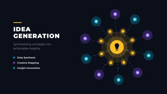 Conceptual illustration of idea generation and creative process, showing a glowing lightbulb icon at the center of a digital network with interconnected nodes, symbolizing the synthesis of concepts