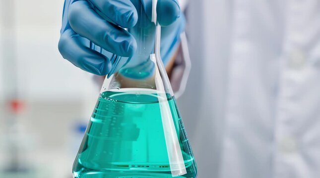 A close-up shot focuses on a gloved hand holding a flask filled with blue liquid in a laboratory setting, highlighting scientific research and experimentation