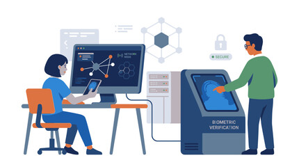 Fototapeta premium People Using Biometric Identification Technology for Secure Digital Access and Data Processing.