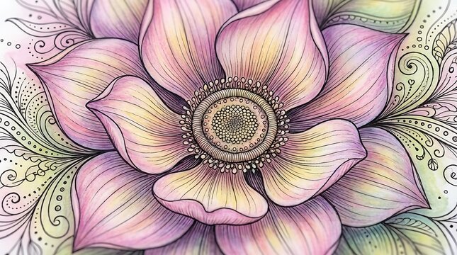 watercolor floral mandala with ink linework in pink lilac and mint green