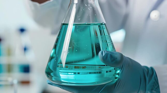 Close-up of a gloved hand holding a flask with blue liquid for scientific research or laboratory experiment