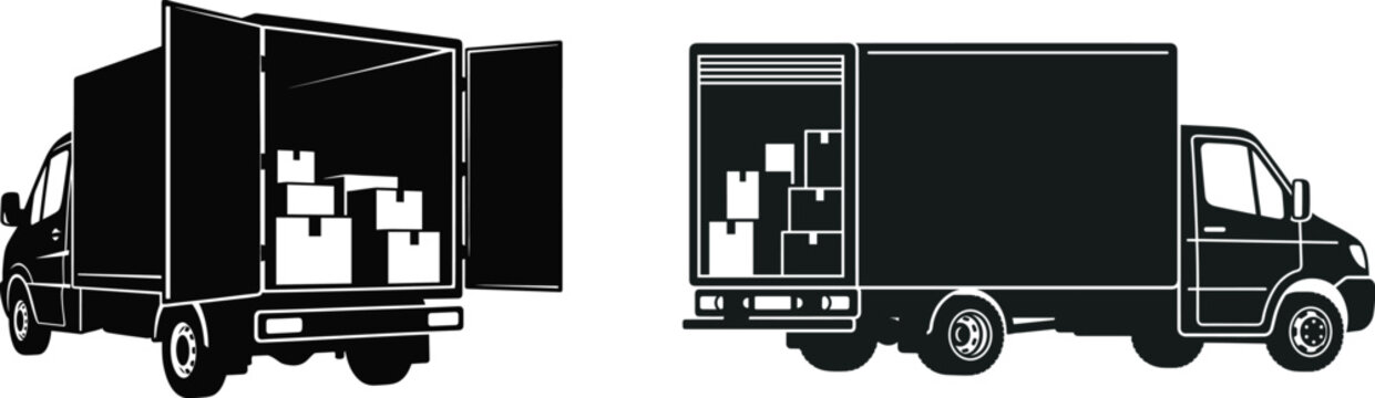 Silhouette illustration of delivery trucks with cargo boxes symbolizing logistics, transportation, and shipping services