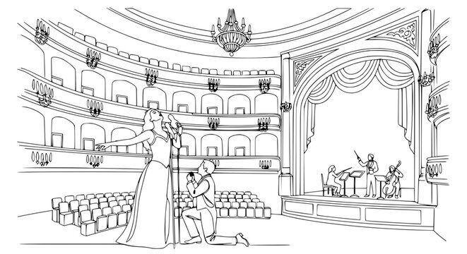 Opera Singer Performing on Stage with Orchestra and Audience in Grand Theatre