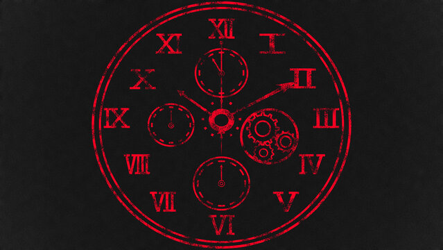 赤色のスチームパンク魔法時計イラスト（黒背景・ファンタジー・歯車・高級感）：red steampunk magic clock illustration on black background. Fantasy timepiece with gears.