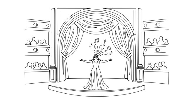Opera Singer Performing On Stage with Musical Notes Floating Above Head, Audience Watching