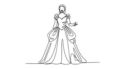 Fototapeta premium Princess continuous line drawing, elegant ball gown, fairytale character illustration