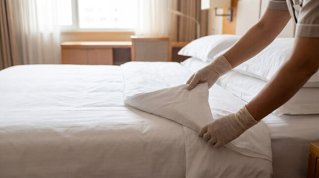 housekeeper making hotel bed crisp white sheets hospitality service bedroom housekeeping professional maid smoothing fresh linens for clean luxurious guest room and high-quality boutique hotel stay