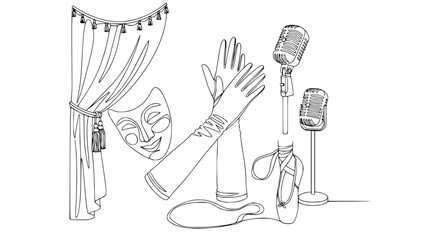 Vintage Theater Performance Elements: Curtain, Mask, Gloves, Ballet Slippers, Microphones © Kaleng