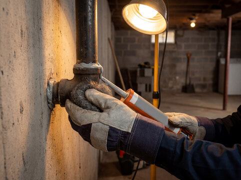 pipe sealing pest control steel wool entry exclusion professional rodent technician carefully filling gap around plumbing to prevent mice intrusion for thorough integrated pest management plan