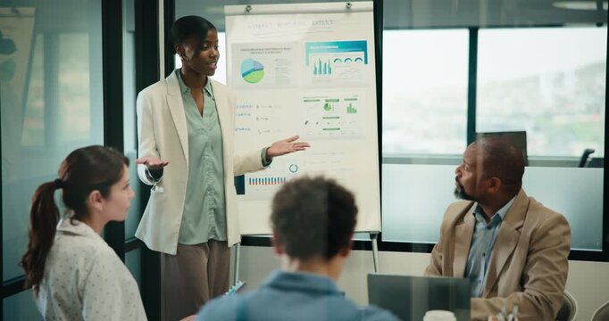 Woman, presentation and graphs on board for team at office meeting, talk or review at finance company. Business people, speaker and insight with charts, feedback or collaboration at investment agency