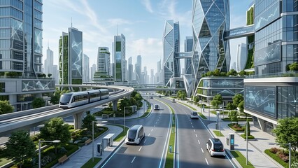 Obraz premium Technology City with Advanced Transportation and Green Buildings Concept