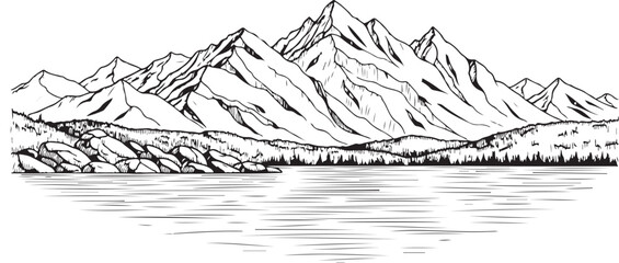 Fototapeta premium Hand Drawn Mountain Range Lake Sketch Wilderness Travel Vector Illustration