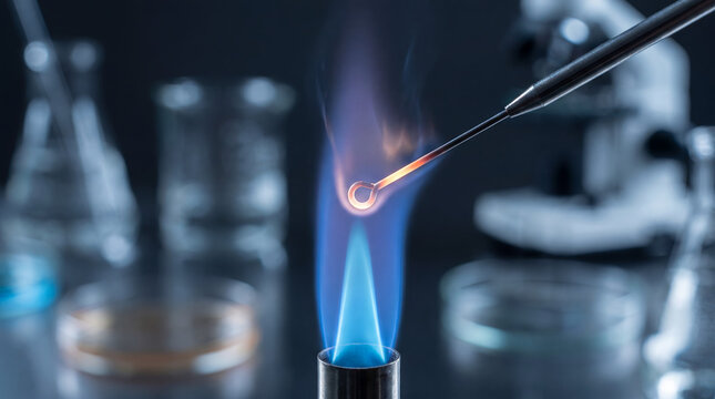 laboratory flame burner sterilizing metal loop blue flame Bunsen sterilization microbiology technique inoculation tool being heated for sterile sample handling in research lab science experiment